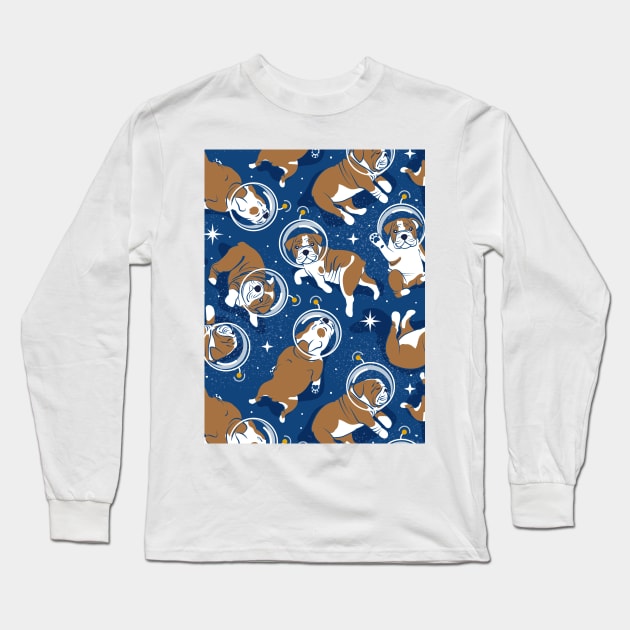 Sleepy astronaut // pattern // classic blue background white and bronze English Bulldogs goldenrod yellow antennas Long Sleeve T-Shirt by SelmaCardoso